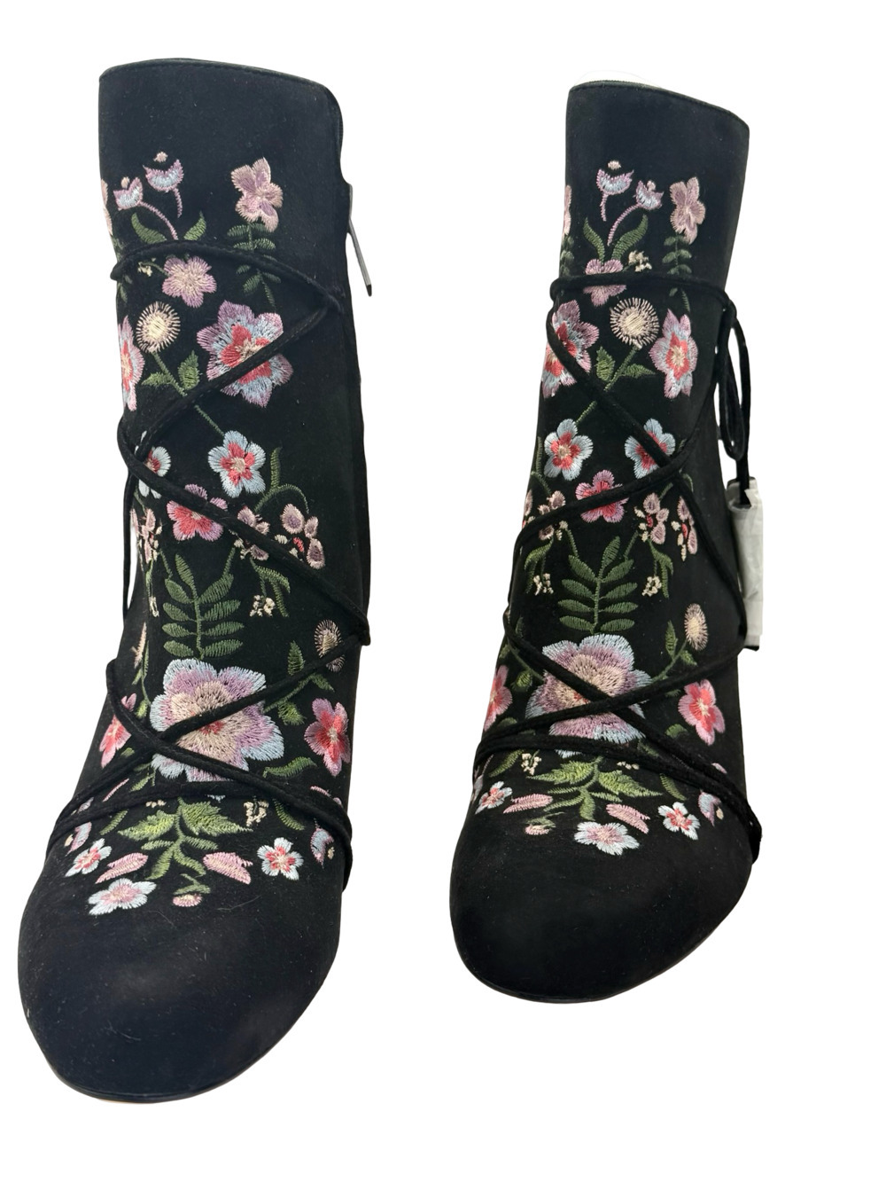 Sam Edelman Floral Embroidered Suede Lace-Up Block Heel Ankle Boots - Picture 7 of 8